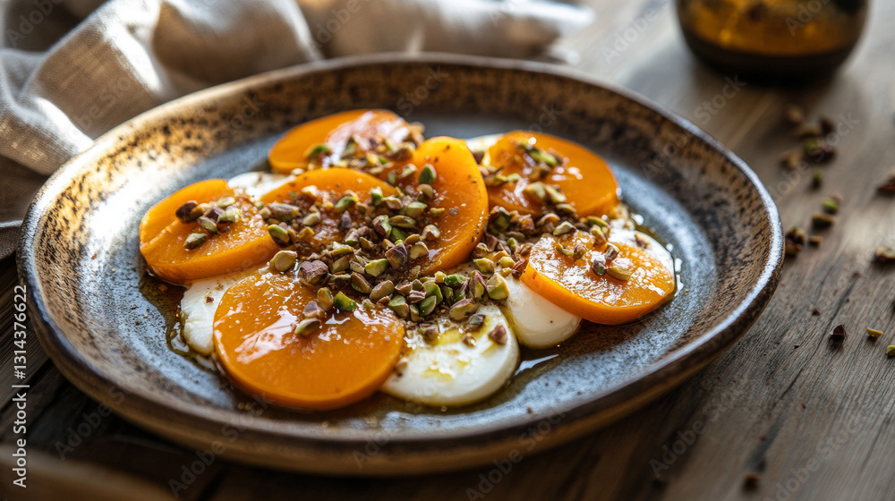 Sweet Salad with Sliced Persimmon and Mozzarella with Pistachios and Herbs. Healthy Food with Vibrant Ingredients, Perfect for Tasty Summer Meals Sweet Salad with Sliced Persimmon and Mozzarella with Pistachios and Herbs. Healthy Food with Vibrant Ingredients, Perfect for Tasty Summer Meals