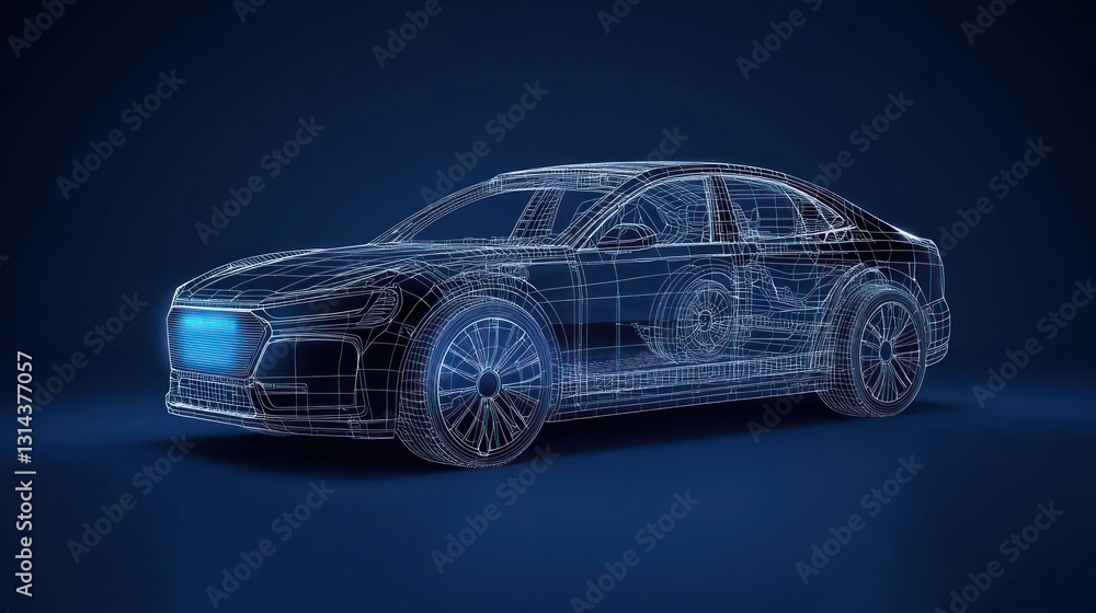 Digital Illuminated Car Structure Against Dark Blue Background Representing Technological Advancement Digital Illuminated Car Structure Against Dark Blue Background Representing Technological Advancement