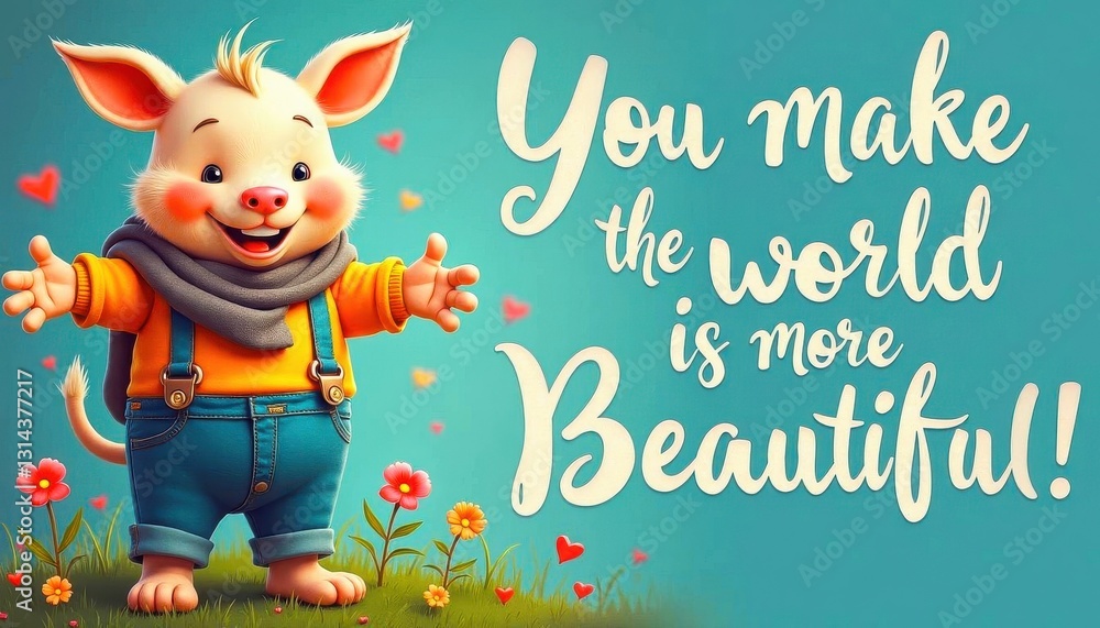 Fototapeta premium A cheerful cartoon pig character wearing an orange sweater, gray scarf, and blue overalls standing in a meadow with flowers. 