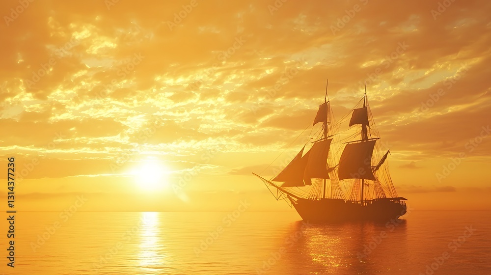 Obraz premium Silhouetted Ship Sailing Into the Glowing Orange Sunset Over the Tranquil Ocean