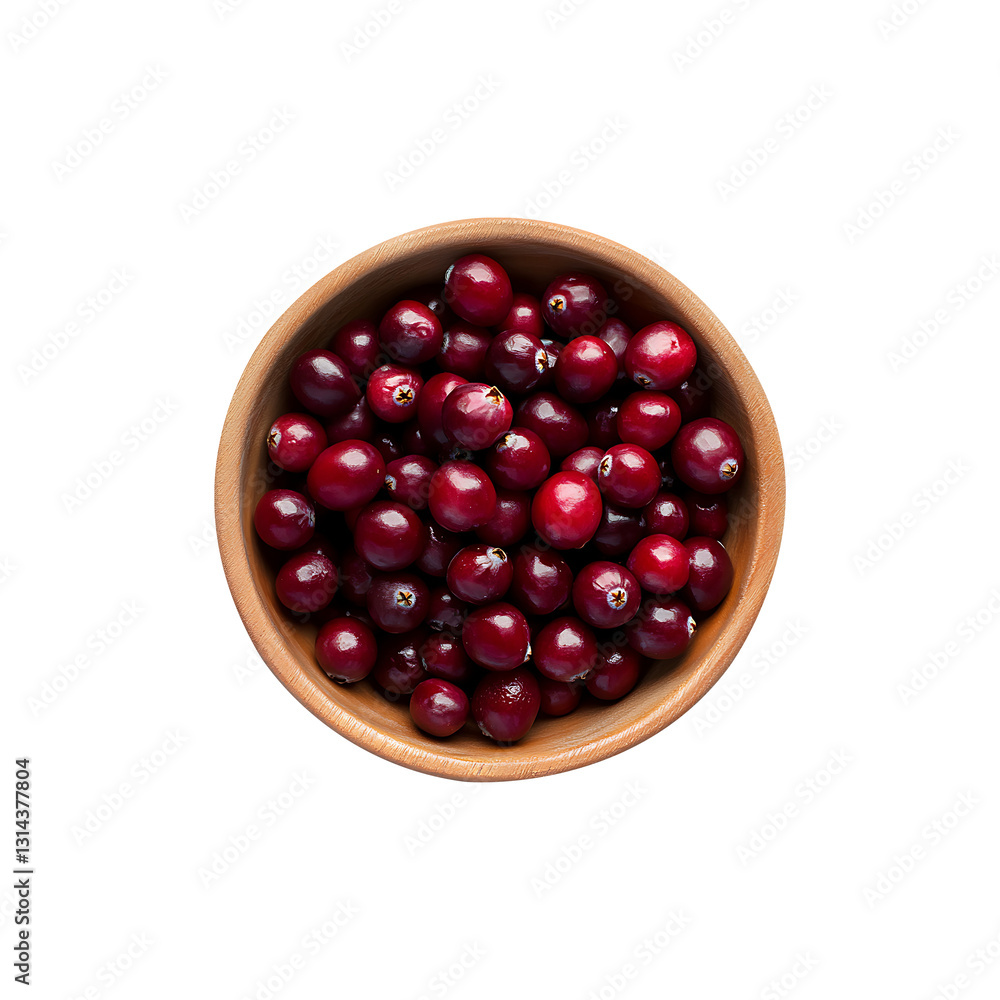 Top View of a Bowl Filled with Fresh Cranberries Isolated on Background, png