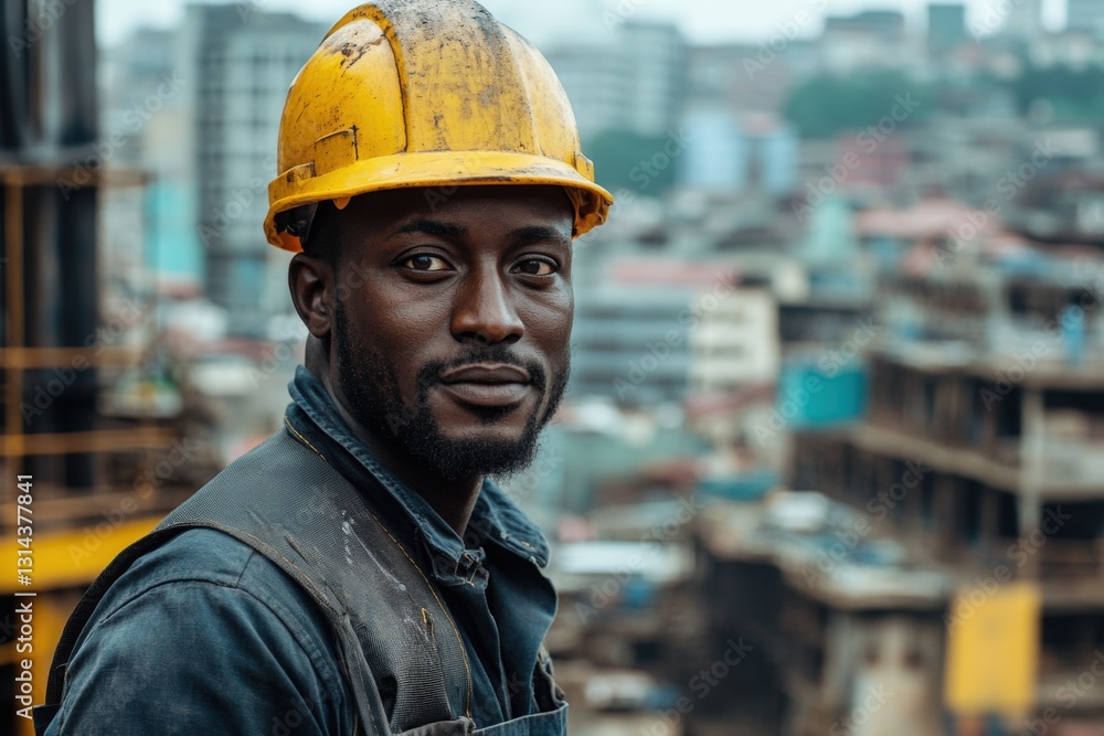 Construction worker wearing a hard hat stands confidently against a bustling city backdrop. Generative AI Construction worker wearing a hard hat stands confidently against a bustling city backdrop. Generative AI