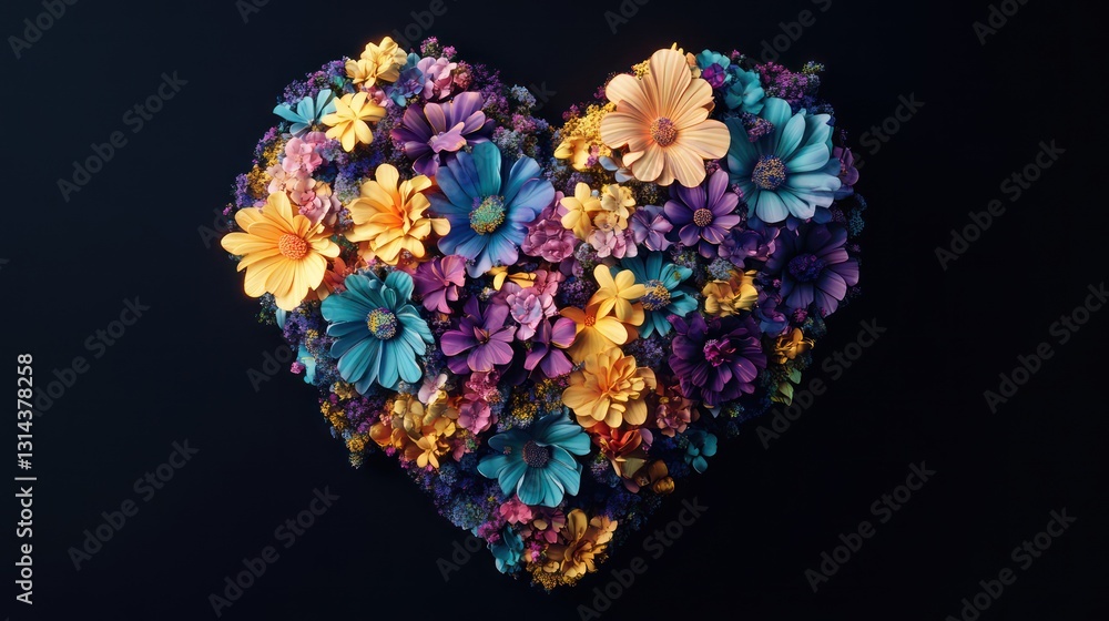 Colorful Flower Heart on Dark Background Colorful Flower Heart on Dark Background