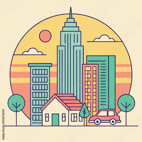 A vibrant--minimalist-flat-vector-cityscape featur. photo