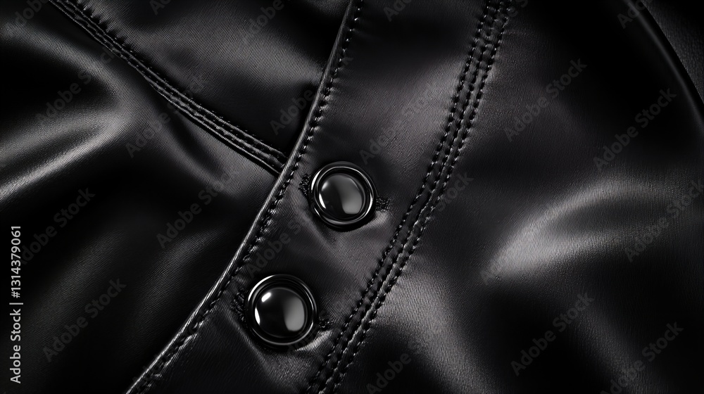 Close-up of black leather with stitching and buttons. Smooth, sleek texture. Close-up of black leather with stitching and buttons. Smooth, sleek texture.