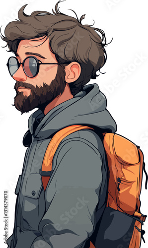 Stylized digital illustration of a bearded man wearing a hoodie, round sunglasses, and a backpack. A modern, trendy traveler with a casual and adventurous aesthetic