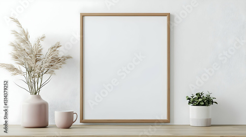 Vertical Wooden Frame Mockup With Pampas Grass In Pink Vase White Mug And Succulent On Rustic Wooden Shelf 3D Rendering Interior Decor