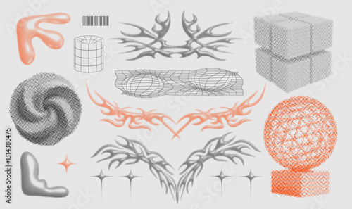 3d dotted halftone Neo-tribal in cyber-infused style. Gothic tattoo, geometric graphic elements set, Cyber sigilism, digital art. Combination of futurism and ancient magical symbols. Vector set