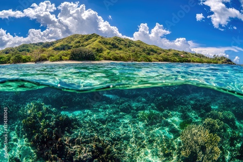 Panoramic view of the beautiful island of Komodo in Indonesia, with clear blue water and green mountains.