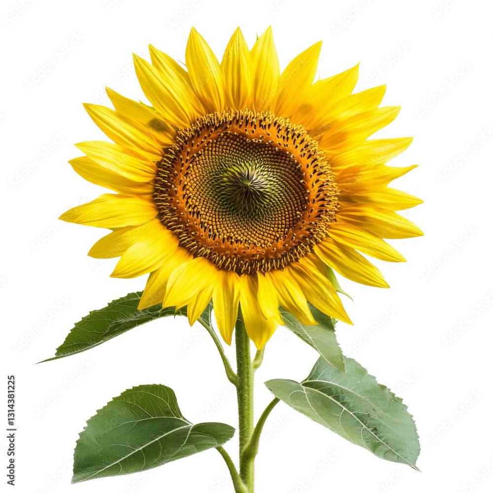 Obraz premium Bright sunflower with vibrant yellow petals and green leaves, symbolizing warmth and positivity
