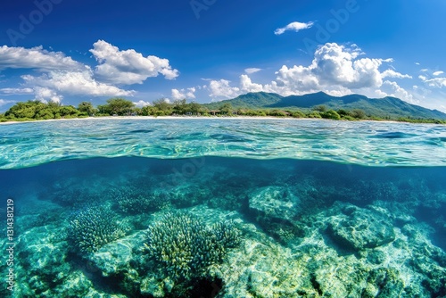 Panoramic view of the beautiful island of Komodo in Indonesia, with clear blue water and green mountains.