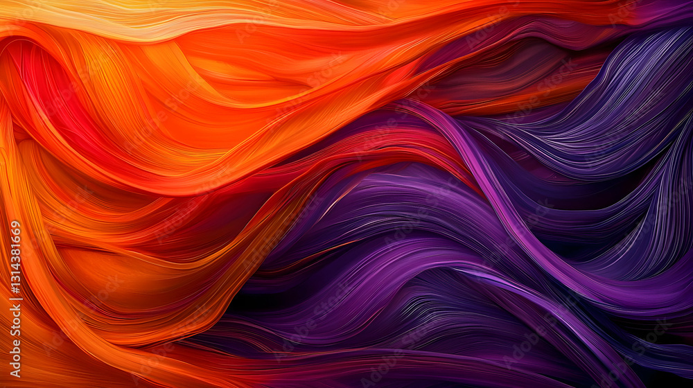 Fototapeta premium Vivid Orange and Purple Abstract Flowing Waves Background Digital Art with Dynamic Energy and Fluid Motion