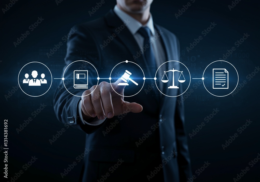 Businessman interacting with digital legal icons on a futuristic interface. Businessman interacting with digital legal icons on a futuristic interface.