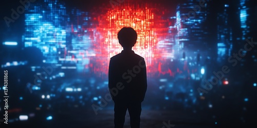Wallpaper Mural young entrepreneur with digital screen showing cryptocurrency data in futuristic setting Torontodigital.ca