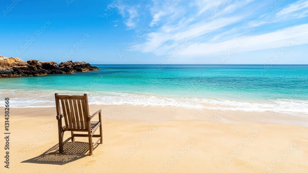 Happy summer beach fun and lifestyle. A wooden chair on a sandy beach with clear blue water and a bright sky. Happy summer beach fun and lifestyle. A wooden chair on a sandy beach with clear blue water and a bright sky.