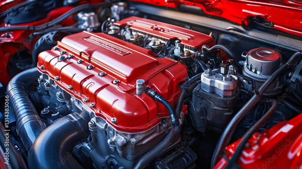 A close-up of a car engine, distinguished by its red valve caps. A close-up of a car engine, distinguished by its red valve caps.