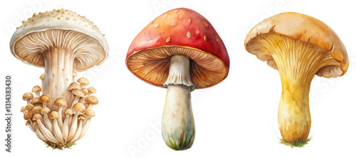 Watercolor mushrooms, colorful fungi, botanical illustration, nature art, detailed design, artistic style.