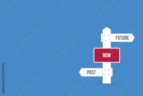 Past now future signpost. Successful choice vector concept. Different way or alternative illustration. Opposite direction traffic sign.	