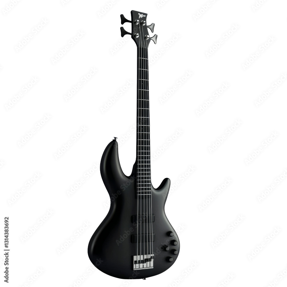 Naklejka premium sleek black electric bass guitar with modern design, featuring smooth body and multiple control knobs, perfect for musicians and music enthusiasts