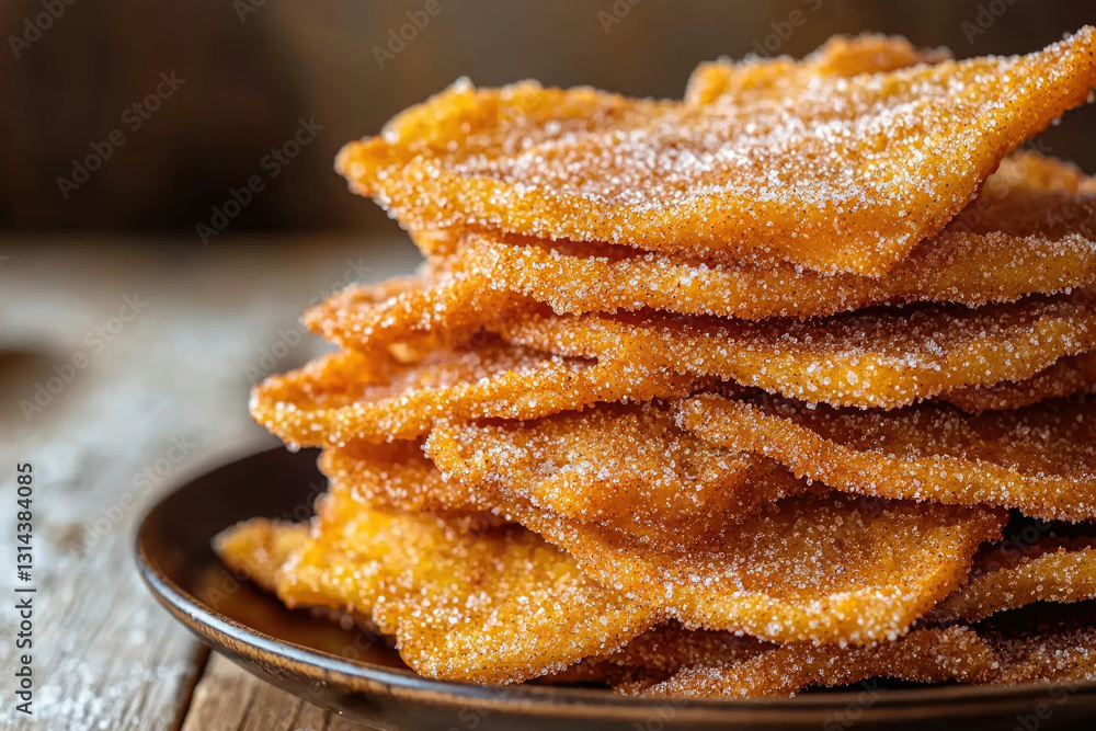 A stack of crispy, golden-brown, sugar-dusted fried pastries. A stack of crispy, golden-brown, sugar-dusted fried pastries.