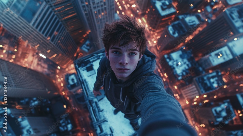 A young man capturing a selfie from the top of a skyscraper in a bustling city, with a panoramic view of the urban landscape. A young man capturing a selfie from the top of a skyscraper in a bustling city, with a panoramic view of the urban landscape.