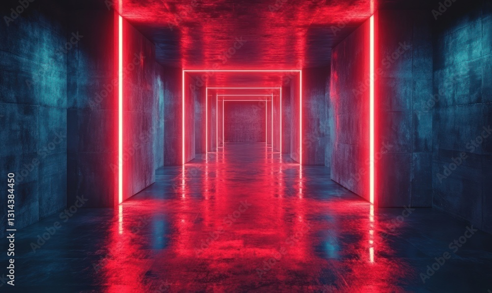 Naklejka premium Futuristic Cyberpunk Interior with Neon Lights and Reflective Floors