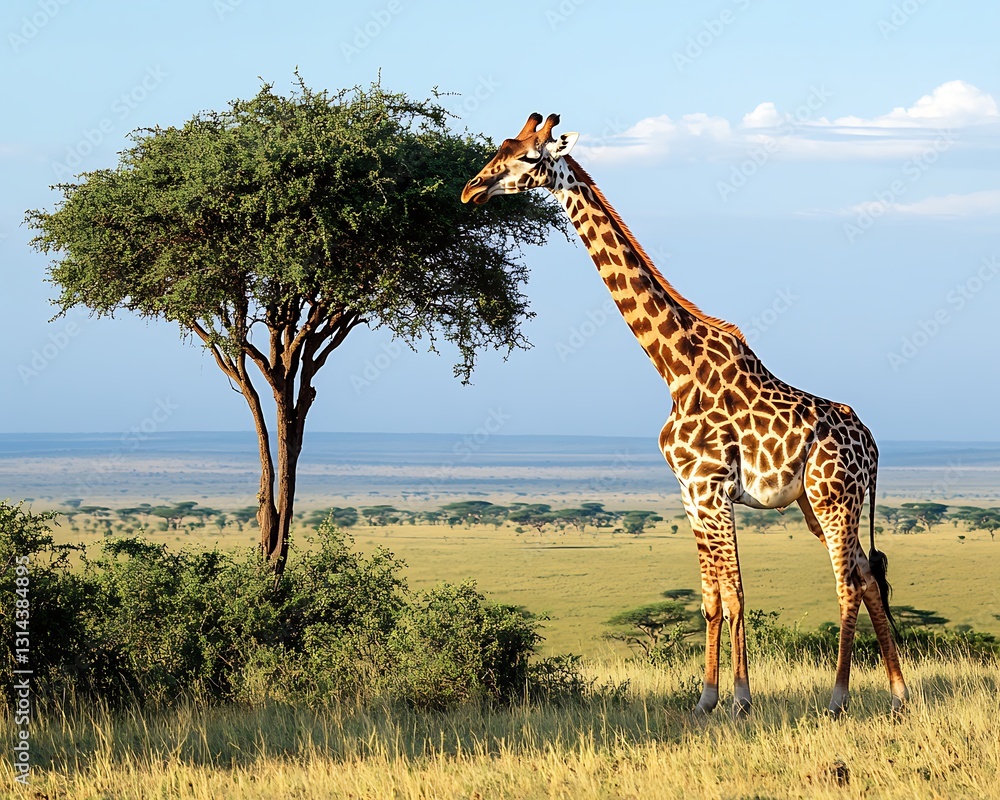 Obraz premium A Tall Giraffe Stands Grazing Near A Green Tree