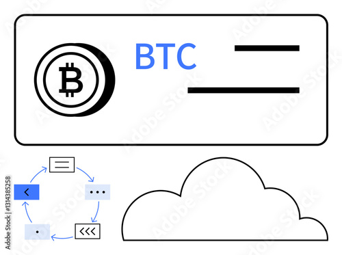 Bitcoin coin icon, blockchain cycle, and minimalistic cloud shape highlighting digital assets, transactions, and decentralization. Ideal for blockchain, cryptocurrency, fintech, security investment