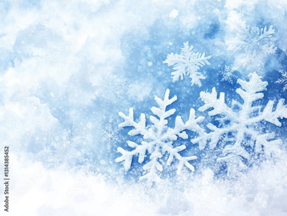 A captivating image of snowflakes against a cool, blue ice background, perfect for winter and festive season stock imagery. A captivating image of snowflakes against a cool, blue ice background, perfect for winter and festive season stock imagery.