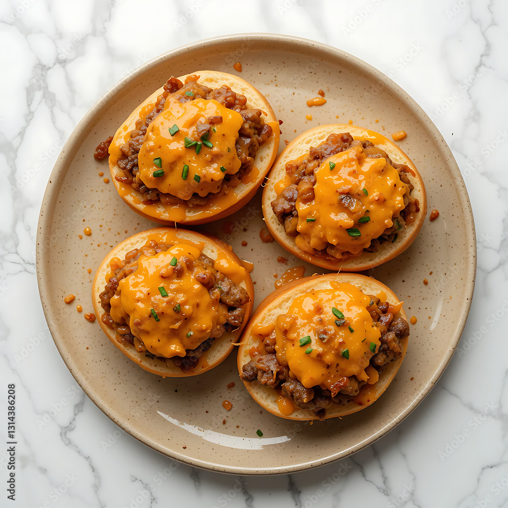 Fototapeta premium Top view, nice beige plate with 4 philly cheesesteak sandwiches with orange cheddar sauce, caramelized onions, no bell peppers on white background