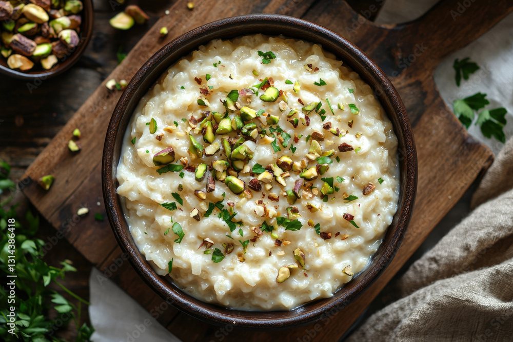 Creamy risotto topped with pistachios and parsley, a delicious and elegant Italian rice dish. Creamy risotto topped with pistachios and parsley, a delicious and elegant Italian rice dish.