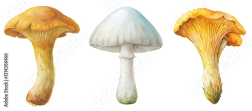 Watercolor mushrooms, detailed illustrations, vibrant colors, nature art, botanical design, edible fungus, artistic representation.