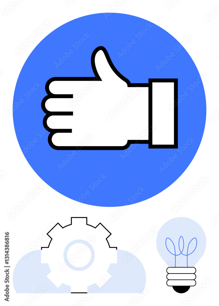 Hand giving thumbs up in blue circle. Gear and light bulb icons below indicate teamwork, efficiency, creativity. Ideal for success, collaboration, innovation, approval, ideas productivity Hand giving thumbs up in blue circle. Gear and light bulb icons below indicate teamwork, efficiency, creativity. Ideal for success, collaboration, innovation, approval, ideas productivity