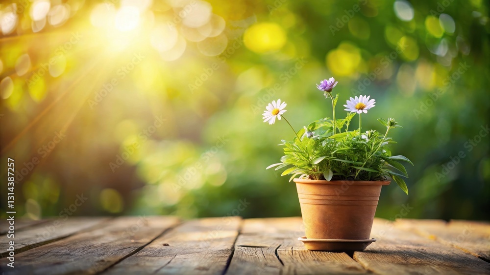 A delicate wildflower blooming in a small pot on a wooden table, surrounded by lush greenery and soft morning light filtering through the leaves , botanical, foliage A delicate wildflower blooming in a small pot on a wooden table, surrounded by lush greenery and soft morning light filtering through the leaves , botanical, foliage