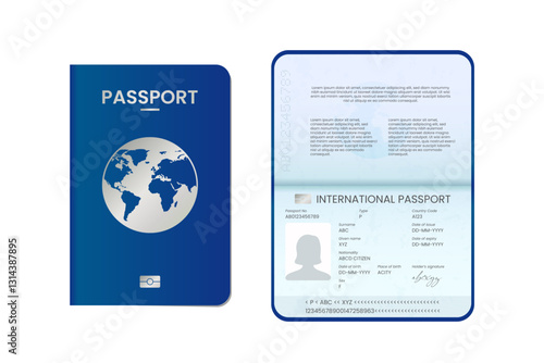 International Passport Template with Sample ID Page for Man and Woman, Blue Cover, Realistic Set