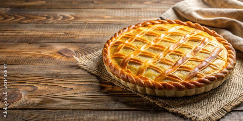 Golden pastry circle with intricate design and flaky crust on a wooden tablecloth, gold, celebration, gold, celebration Golden pastry circle with intricate design and flaky crust on a wooden tablecloth, gold, celebration, gold, celebration