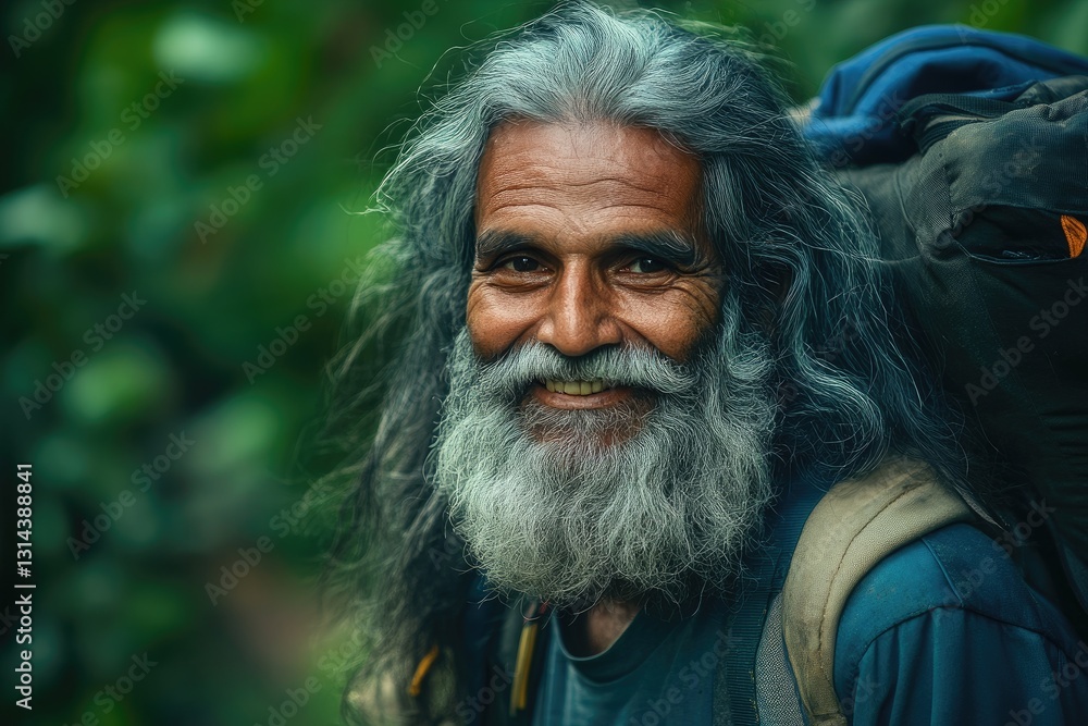 Photo of an old man with long gray hair and beard, wearing hiking , smiling at the camera in front of a green forest. Photo of an old man with long gray hair and beard, wearing hiking , smiling at the camera in front of a green forest.