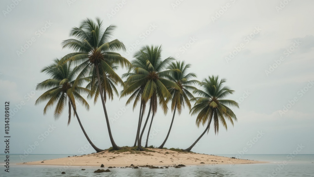 Secluded Tropical Island with Lush Palm Trees and Calm Ocean Waters Under Overcast Sky Secluded Tropical Island with Lush Palm Trees and Calm Ocean Waters Under Overcast Sky