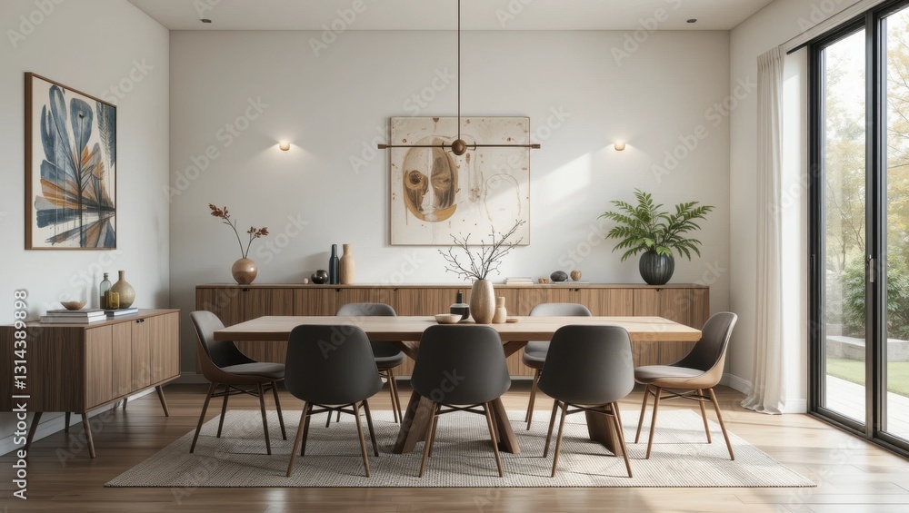Spacious Modern Dining Room with Wooden Furniture and Natural Light in an Elegant Setting Spacious Modern Dining Room with Wooden Furniture and Natural Light in an Elegant Setting