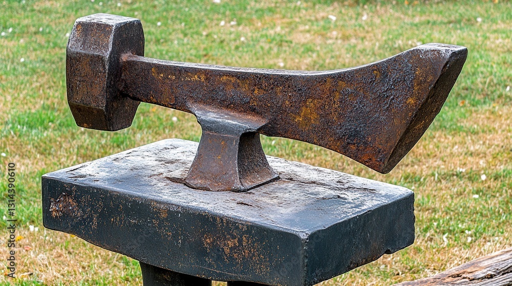 Rusty axe head on anvil, outdoor display, grassy background, historical exhibit Rusty axe head on anvil, outdoor display, grassy background, historical exhibit