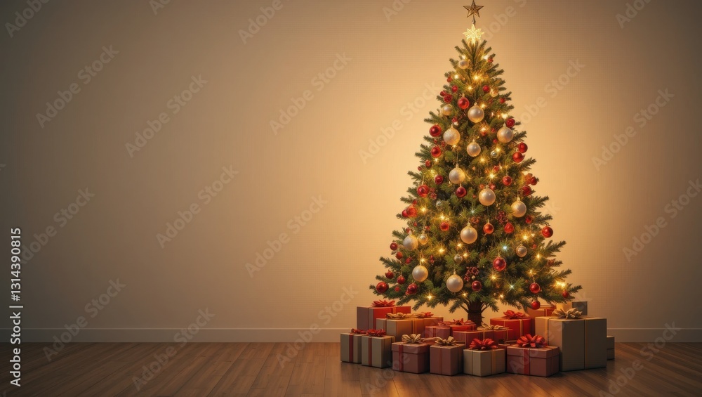 Elegant Christmas Tree Adorned with Decorations and Gifts in a Warmly Lit Interior Elegant Christmas Tree Adorned with Decorations and Gifts in a Warmly Lit Interior