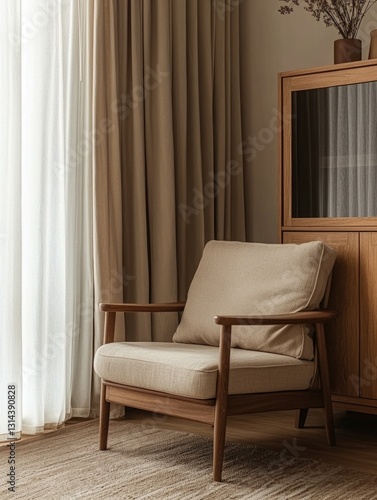 This image showcases a stylish and modern living room interior. The space is characterized by a neutral color palette with cream walls that provide a calming backdrop for the sleek furniture. A gray