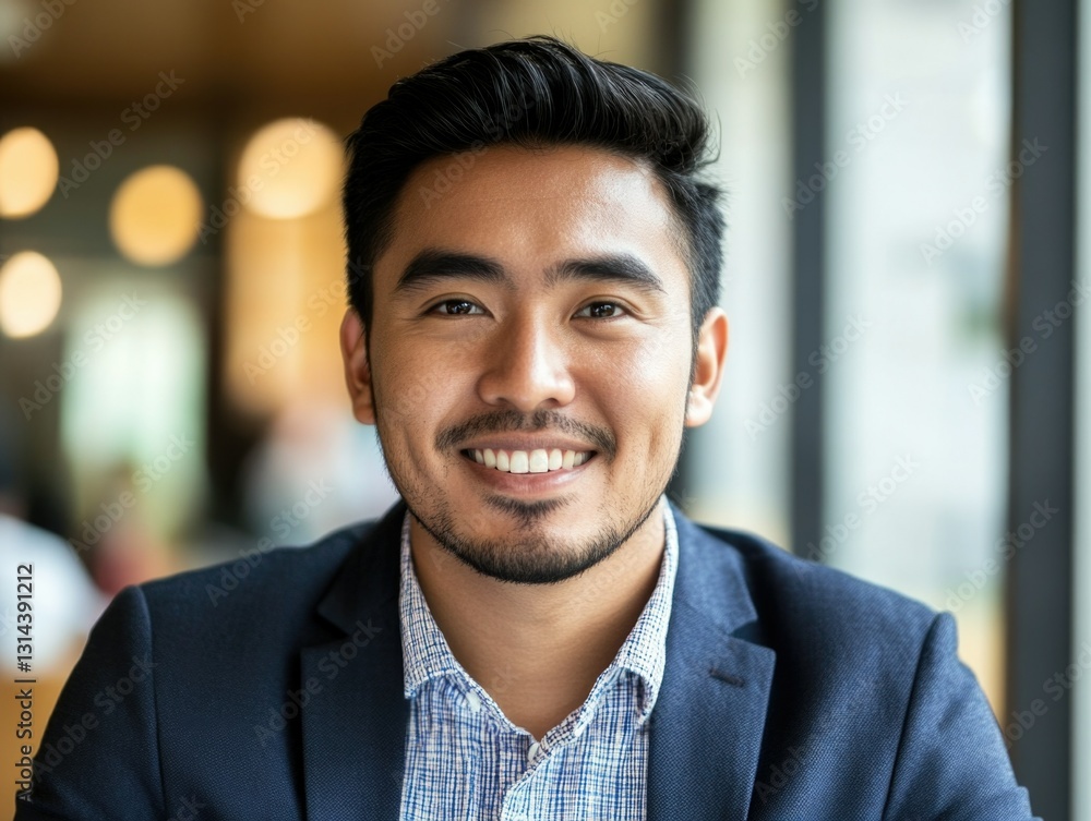 This is a stock photo of a cheerful young man with a beard and mustache, dressed in a suit and tie. The setting appears to be an indoor dining area or cafe. This is a stock photo of a cheerful young man with a beard and mustache, dressed in a suit and tie. The setting appears to be an indoor dining area or cafe.