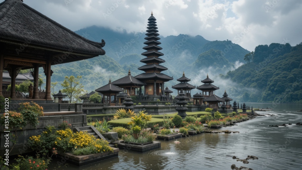 Stunning Balinese Temple Overlooking Serene Waters and Lush Mountains on a Cloudy Day Stunning Balinese Temple Overlooking Serene Waters and Lush Mountains on a Cloudy Day