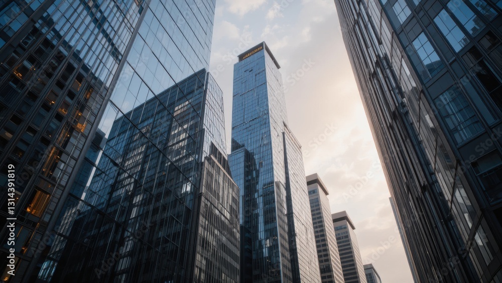 Tall Skyscrapers Reflecting Sunlight Against Cloudy Sky in a Modern Urban Environment Tall Skyscrapers Reflecting Sunlight Against Cloudy Sky in a Modern Urban Environment