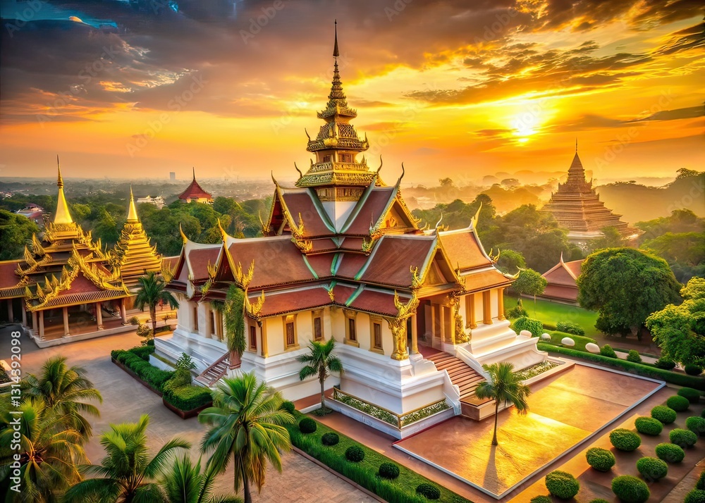 Fototapeta premium Vintage Buddhist Temple Vientiane Laos, Ancient Architecture, Golden Pagoda, Laotian Culture