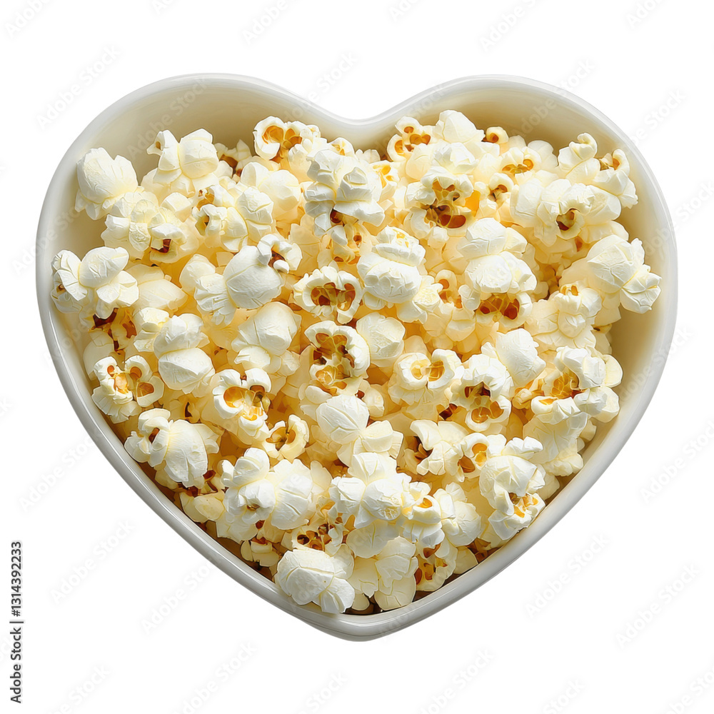Heart-shaped bowl filled with fluffy, white popcorn, showcasing its buttery texture and appetizing appearance. Heart-shaped bowl filled with fluffy, white popcorn, showcasing its buttery texture and appetizing appearance.