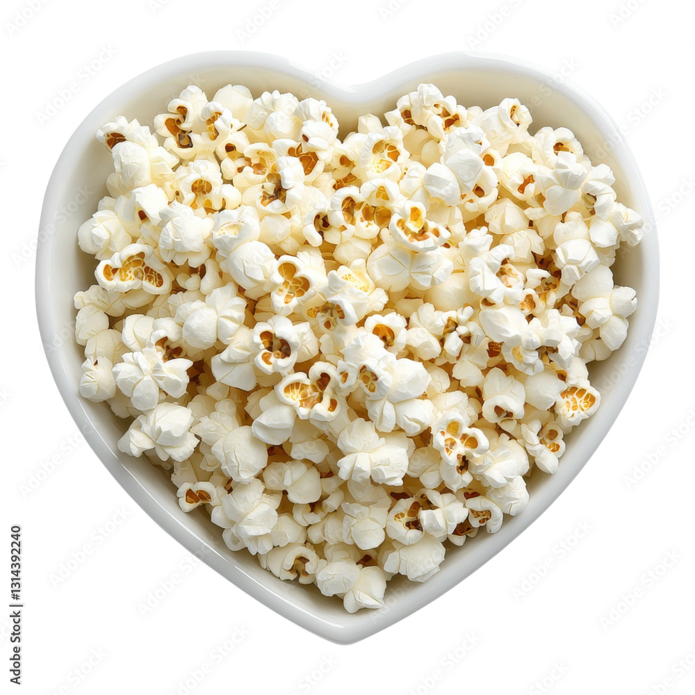 A heart-shaped bowl filled with fluffy, white popcorn, showcasing its light, airy texture and buttery golden accents. A heart-shaped bowl filled with fluffy, white popcorn, showcasing its light, airy texture and buttery golden accents.