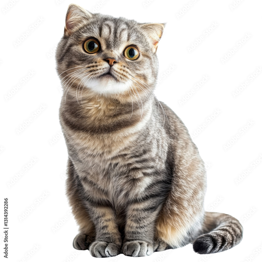 Obraz premium Fluffy gray cat with large eyes sitting gracefully, showcasing its playful and curious nature. This adorable feline is perfect for any pet lover collection