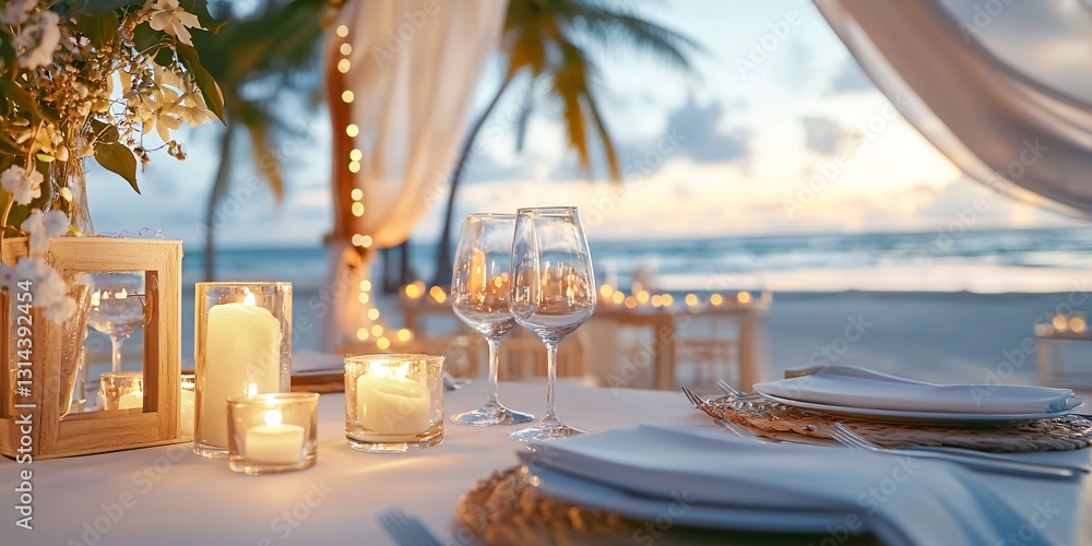 Fototapeta premium Event Planning setting with flowers,candles,balloons Concept. Romantic Beach Dinner Setup at Sunset with Candles